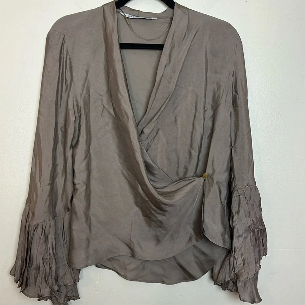 Zara Wrap Surplice Ruffle Sleeve Satin Look Taupe Grey Blouse - Picture 4 of 9